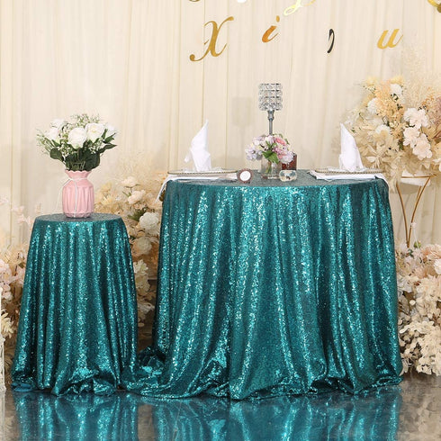 PartyDelight 72" Round Teal Sequin Tablecloth for Wedding, Dessert, Party, Banquet.