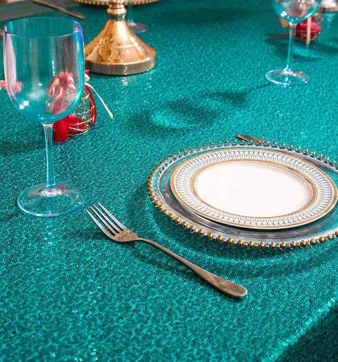 PartyDelight 72" Round Teal Sequin Tablecloth for Wedding, Dessert, Party, Banquet.