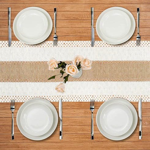 Senneny Macrame Table Runner, Cream Beige Boho Table Runner with Tassels, Hand Woven Cotton and Burlap Splicing Table Runner, Rustic Farmhouse Table Runner for Bohemian, Fall, Kitchen Dining Table
