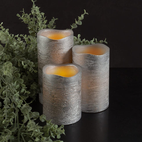 Lavish Home 80-FC1003 Flameless LED Powered Pillar Candles with Remote (Set of 3), Silver Metallic