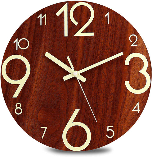 Plumeet Luminous Wall Clock - 12'' Non-Ticking Silent Wooden Clocks with Night Light - Large Decorative Wall Clock for Kitchen Office Bedroom,Battery Operated (Brown Face)