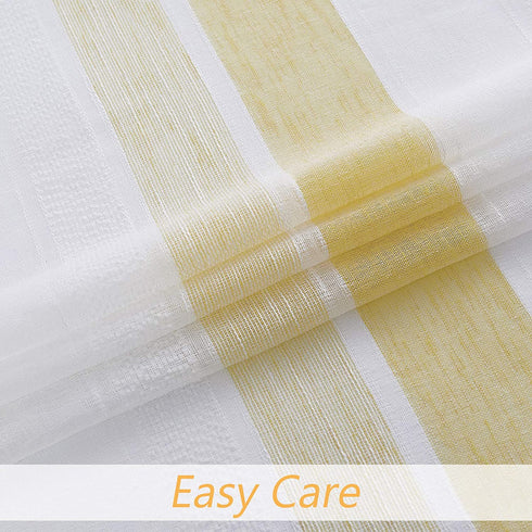 Central Park Sheer Yellow and White Stripe Farmhouse Curtains Boucle Linen Window Curtain Panel Pairs Yarn Dyed Woven 63 Inches Long for Living Room Bedroom 2 Pack Rod Pocket Rustic Living Panels