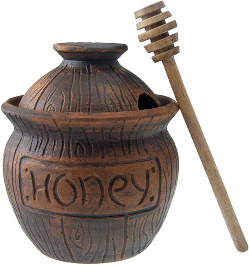 Honey Jar with a Dipper 16oz. Ceramic Honey Pot Made Out of Solid Clay Piece. Honey Container, and a Great Rustic Bowl for Gift (Brown) - Ceramic Beehive Honey Pot with Dipper.