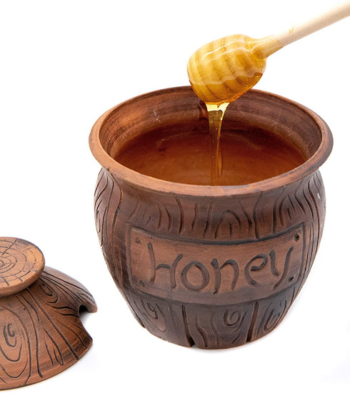 Honey Jar with a Dipper 16oz. Ceramic Honey Pot Made Out of Solid Clay Piece. Honey Container, and a Great Rustic Bowl for Gift (Brown) - Ceramic Beehive Honey Pot with Dipper.