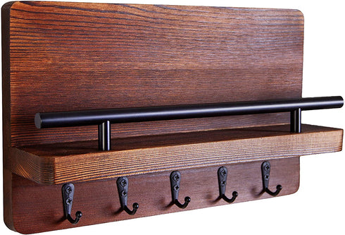 Ripple Creek Key Holder for Wall and Mail Shelf, Decorative Wooden Wall Rack for Keys, Letters, Bills - Pine Wood Unique and Industrial Decor, Perfect for Entryway, Kitchen (Brown, Large)
