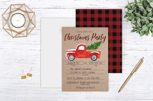 Rustic Christmas Party Invitation with Red Truck and Christmas Tree, Holiday Party Invite, Christmas Party, Holiday Party Invitations, 20 Fill in Invitations and Envelopes