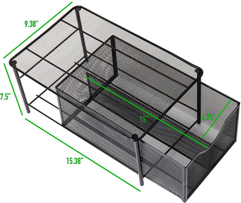 Mind Reader 'CABASKDR' Black Metal Mesh Storage Basket with Sliding Drawer and Steel Mesh Platform On Top