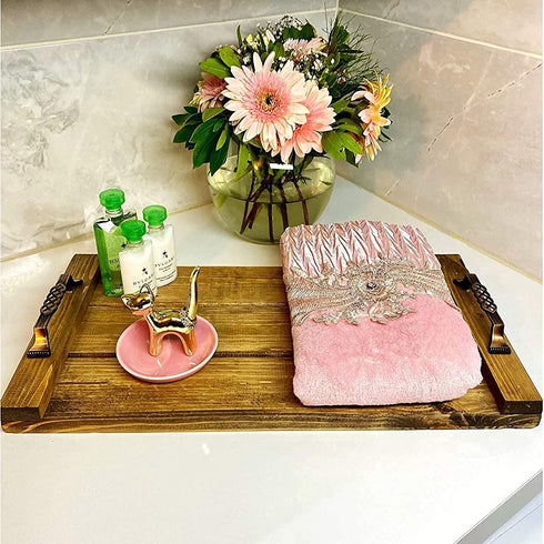 Generic 20inchx10inch Wooden Serving Tray, Rustic Decorative Ottoman Tray with 6 Wooden Coasters, Farmhouse Kitchen Decor, Serving Tray, Wooden Trays for Coffee Table, Decorative Tray,Brown
