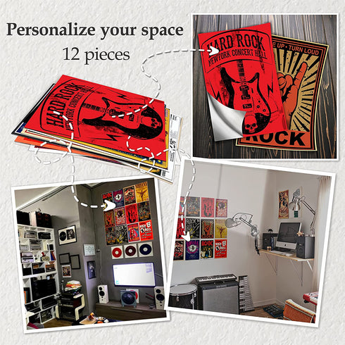 HK Studio Vintage Posters of Rock Music - Easy Peel and Stick Indie Posters for Room Aesthetic 90s - Old School, Retro Rock Band Posters - Classic Rock Poster Wall Collage Kit 7.8"x11.8" Pack 12