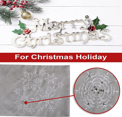 OWENIE Christmas Table Runners, Snowflake Silver Grey Table Runner, Xmas Holiday Tabletop Decor, Embroidery Table Centerpieces with Sequins and Diamonds, Glittering Winter Home Decorations, 14X70 Inch