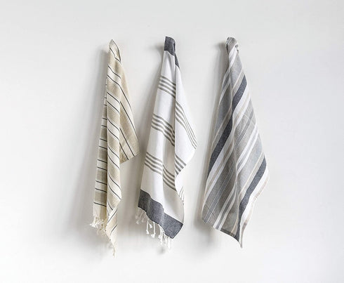 Creative Co-Op Grey & Tan Striped Cotton Tea Towels with Tassels (Set of 3) Entertaining Textiles, Grey, 3 Count