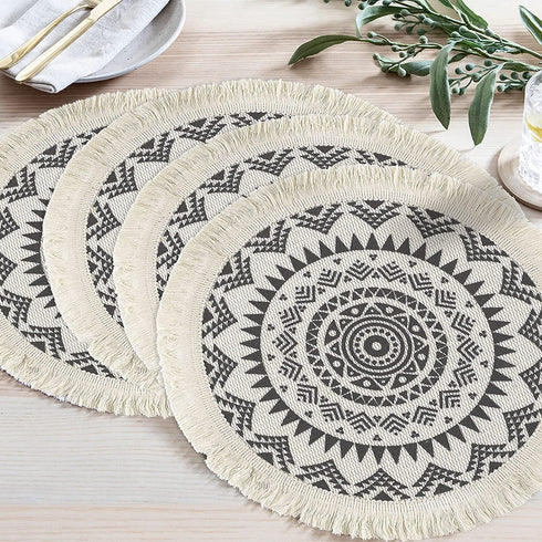 Sungea Mandala Round Placemats Set of 4, Boho Cotton Woven Macrame Tassels Table Mats Washable Heat Resistant Neutral Place Mat for Dining Room Kitchen Table Decor (13 Inches, Dark Grey)