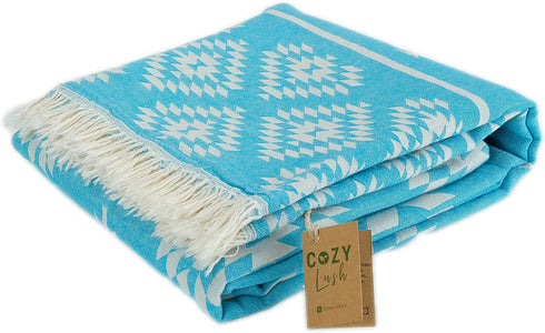 Cozy Maya | 100% Cotton Original Turkish Beach Towel (35" x 67") - Pre-Washed Peshtemal, Pool, Gym, Spa, Hammam, Bath Towel, Eco-Friendly (Blue)