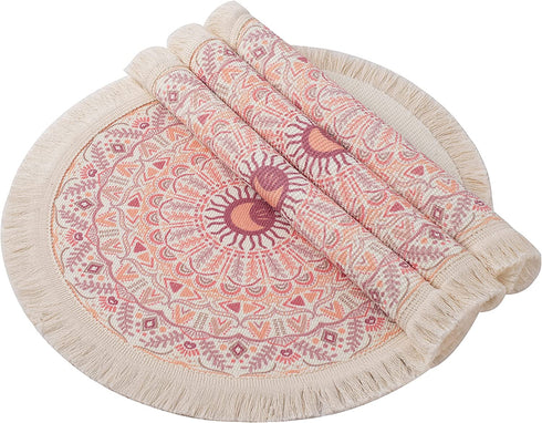 Pink Placemats Set of 4 - Round Placemats with Fringe are The Perfect Table Mats for Boho Baby Girl Shower Decorations. The Pink Boho Girls Party Decorations are Woven Cotton, Bohemian Place Mats.