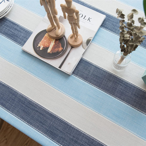 Cotton Linen Stitching Tassel Tablecloth Striped Three-Colour Square Table Cover for Kitchen Dining Tabletop Decoration, Blue, 53 x 53 Inch