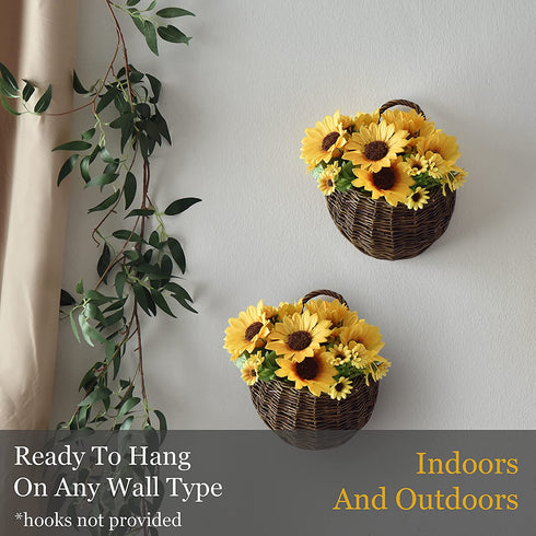 Tapeera Set of 2 Artificial Sunflower Wall Decor In Hanging Hand Woven Basket - Faux Sunflower Kitchen Decor - Fake Sunflower Decor For Kitchen - Sunflower Bathroom Decor Wreath Sun Flowers Home Decor