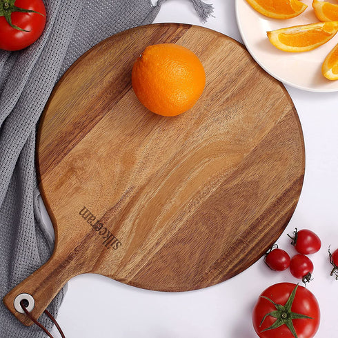Silkceram Acacia Wood Pizza Peel, Round 12 Inch Wooden Cutting Boards, Cheese Paddle Board, Bread and Crackers Platter Serving Board 16"x12"x0.5"