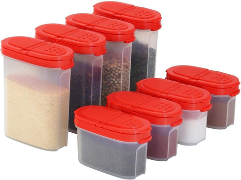 Clear Plastic Empty Spice Container Spice Jars with Lid Kitchen Bottle Dispenser Store Spice,Herb,Rub,Sugar,Salt,Pepper 2 Way Lids Sift/Pour ShakerRefillable Airtight Jar Red Cap 8 pk.4 mini 4 big