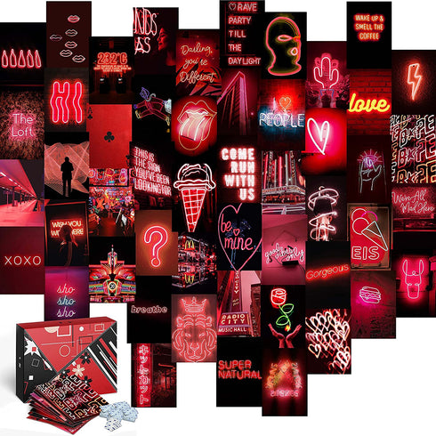 KOLL DECOR Red Aesthetic Room Decor Wall Collage Aesthetic - 50 Set 4''x6'' Prints Neon Dark Red photo Wall Collage Kit Decoration Pictures for Teen Girls Academia Bedroom Posters
