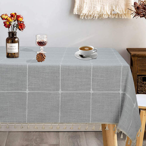 Cotton Linen Tablecloth, Lattice Embroidery Table Cloth, Farmhouse Checkered Fringed Tassel Tablecloths, Wrinkle Free Table Cover for Kitchen Dinning Picnic Party, Grey, Rectangle 54 x 120 inch