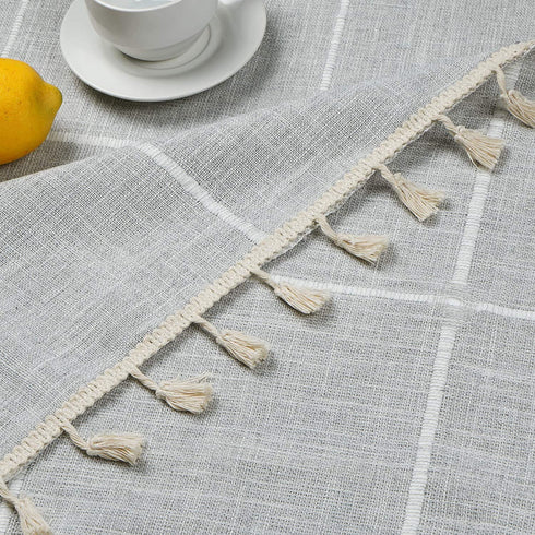 Cotton Linen Tablecloth, Lattice Embroidery Table Cloth, Farmhouse Checkered Fringed Tassel Tablecloths, Wrinkle Free Table Cover for Kitchen Dinning Picnic Party, Grey, Rectangle 54 x 120 inch
