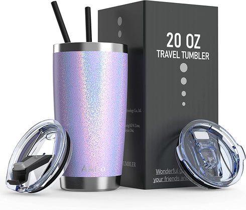 Aikico 20oz Tumbler with Lids, Vacuum Insulated Double Wall Travel Tumbler, Insulated Coffee Mug with Straws, Stainless Steel Tumbler Mug for Cold Drink and Hot Tea, Rainbow Lavender Purple