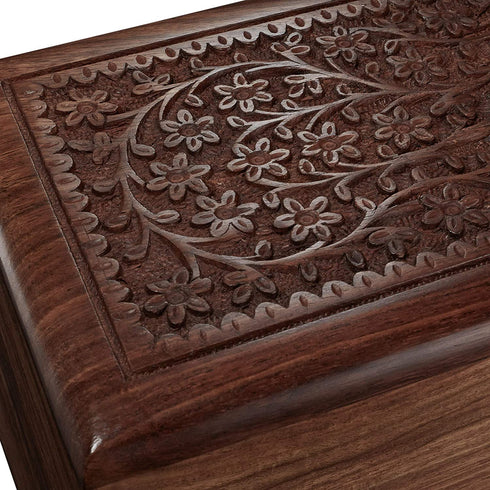 Reminded Rosewood Hand-Carved Floral Urn Box - Cremation Memorial with Velvet Bag - Medium