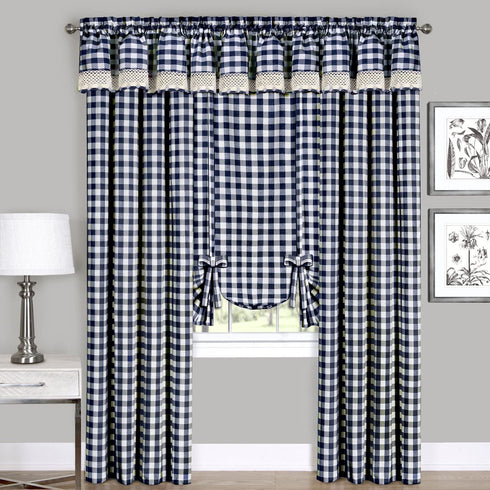 Achim Home Furnishings Tie Up Shade Buffalo Check Window Curtain, 42 in x 63 in, Navy & Ivory