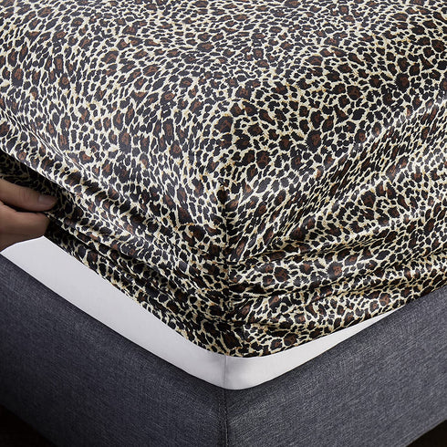 Vonty Satin Sheets Twin Silky Soft Satin Bed Sheets Leopard Print Satin Sheet Set, 1 Deep Pocket Fitted Sheet + 1 Flat Sheet + 1 Pillowcases