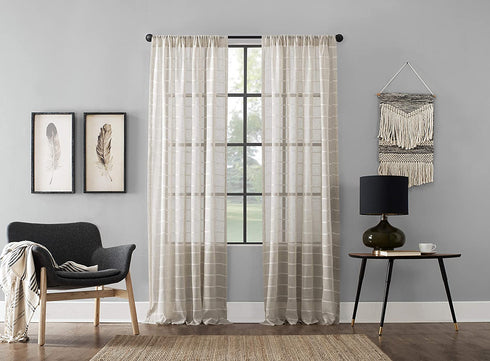 Clean Window Twill Stripe Allergy/Pet Friendly Anti-Dust Sheer Curtain Panel, 52" x 95", White/Linen