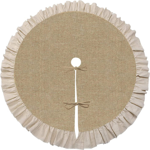 yuboo Burlap Christmas Fall Tree Skirt with Ruffle Border,48" Linen Rustic Tree Ornaments for Farmhouse Autumn Xmas Holiday Party Decorations