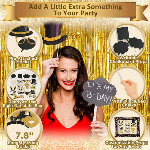 Partyville Photo booth Props - Real Gold Glitter Pre Assembled 23 Pcs Wedding Photo Booth Props - Customizable Birthday Photo Booth Props Selfie Frame & Foil Backdrop Roaring 20s Photo Booth Props