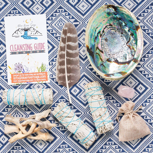 Sage Smudge Kit - White Sage Smudge Sticks Incense Sticks, Rose Quartz, Abalone Shell 5"+, Stand, Smudging Feather & Cleansing Guide (3 Sage)