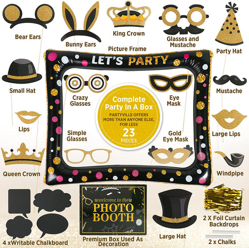 Partyville Photo booth Props - Real Gold Glitter Pre Assembled 23 Pcs Wedding Photo Booth Props - Customizable Birthday Photo Booth Props Selfie Frame & Foil Backdrop Roaring 20s Photo Booth Props