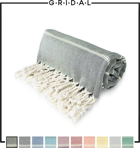 GRIDAL Tabby Turkish Towel (Peshtemal) Natural & Vegan Bath Towel & Striped Beach Towel 100% Cotton - 66x38 | at: Beach, Bath, Gym, Pool, Sauna, Travel, Spa | as: Wrap, Shawl, Throw (Black)