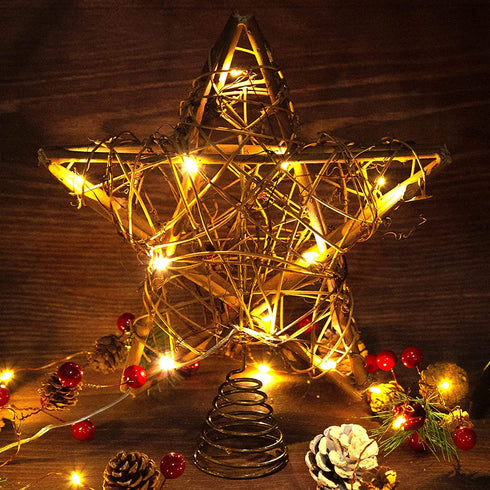 LAWOHO Christmas Tree Topper Star Rustic Rattan Natural Star Treetop 10 inch Christmas Tree and Holiday Seasonal Decoration Fit for General Size Christmas Tree