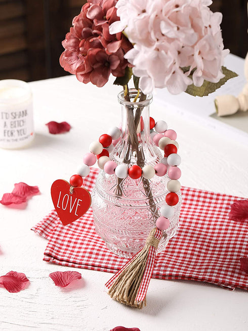 Valentine™s Day Wood Bead Garland with Tassels and Love Heart Shaped Wooden Embellishments Rustic Farmhouse Tiered Tray Wedding Decorations Home Decor (Red & White Love)