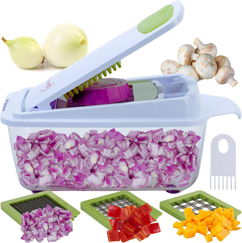 Brieftons QuickPush Food Chopper: Strongest & 200% More Container Capacity, 30% Heavier Duty, Kitchen Vegetable Fruit Dicer, Onion Tomato Potato Fries Cutter, with 3 Dicing Blades & Keep-Fresh Lid