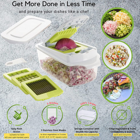 Brieftons QuickPush Food Chopper: Strongest & 200% More Container Capacity, 30% Heavier Duty, Kitchen Vegetable Fruit Dicer, Onion Tomato Potato Fries Cutter, with 3 Dicing Blades & Keep-Fresh Lid
