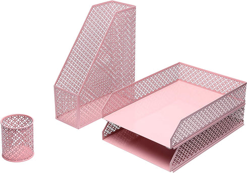Annova Mesh Desk Organizer 4 Pieces Office Suppliers Desktop Organizer Set Desk Accessories - Letter / File Tray x 2, Magazine Rack / Upright Document Holder x 1, Pen Holder x 1 - Light Pink