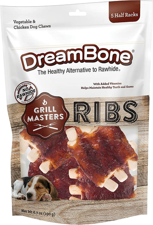 DreamBone Grill Masters Ribs, No-Rawhide Chews for Dogs, 5 Half Racks