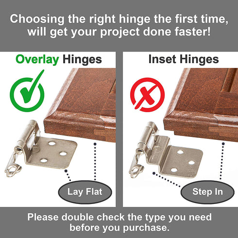 DecoBasics Satin Brushed Nickel Cabinet Hinges for Kitchen Cabinets (25 Pair -50 Pcs) -1/2" Overlay (Variable) -Self Closing Kitchen Cabinet Hinges Flush Mount w/ Silicon Bumpers & Upgraded Screws