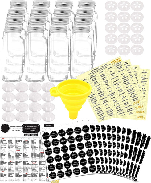 16 Glass Spice Jars Complete Set: 667 Chalkboard & Clear Printed Spice & Pantry Labels - Premier 8 fl Oz Empty Square Bottles w/ Pour/Sift & Coarse Shakers & Airtight Caps - Silicone Funnel Included