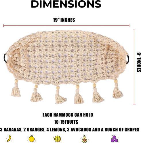 ANPOTop Fruit Hammock Under Cabinet 2 Pcs with 12 Tassels, Macrame Handwoven Cotton Banana or Veggies - Hanging Basket for Saves Counter Space at Kitchen RV, White, 2PCS, SKU100209-2PCS