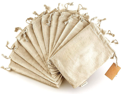 Organic Cotton Produce Bags - Medium 8x10 Inch - 12 Pcs Reusable Muslin Storage Bags with Drawstrings - Canvas Bags - Biodegradable Fabric Bags - Snack Bags - Cloth Bags by Leafico