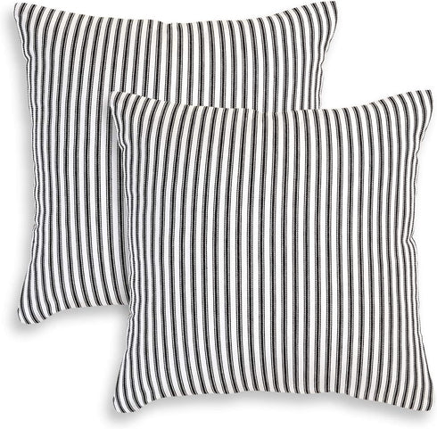 Cackleberry Home Black and White Ticking Stripe Woven Cotton Decorative Square Throw Pillow Case Covers 22 x 22 Inches, Set of 2
