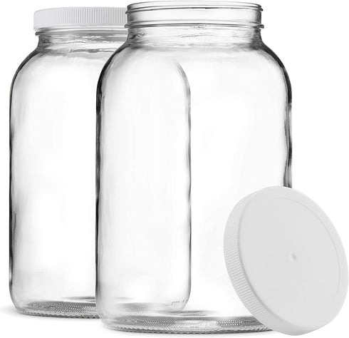 Paksh Novelty 1-Gallon Glass Jar Wide Mouth with Airtight Plastic Lid - USDA Approved BPA-Free Dishwasher Safe Large Mason Jar for Fermenting, Kombucha, Kefir, Storing and Canning Uses, Clear (2 Pack)