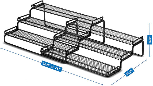 3 Tier Expandable Spice Rack Organizer for Cabinet, Black Modern Pantry Kitchen Countertop Stand 3 Step Shelf - Expands 12 to 24 Inches