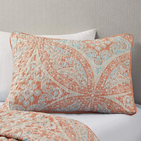 Comfort Spaces Reversible Quilt Set-Vermicelli Stitching Design All Season, Lightweight, Coverlet Bedspread Bedding, Matching Shams, Full/Queen (90 in x 90 in) Gloria, Damask Coral 3 Piece