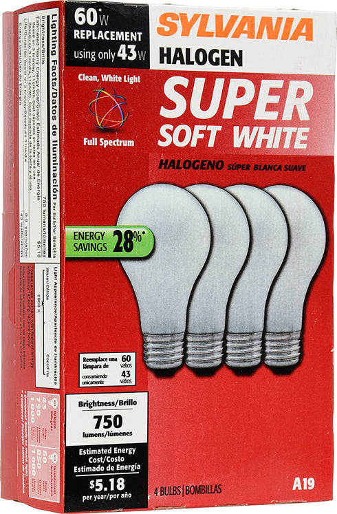 SYLVANIA Halogen A19 Light Bulb, 9W=60W Equivalent, E26 Medium Base, 600 Lumens, 100 CRI, 2700K Soft White - 4 Pack (50005)